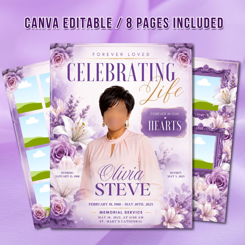 Purple Roses Funeral Program Template, Memorial Obituary (Canva Template)