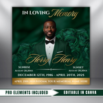 Green & Gold Roses Funeral Announcement Flyer: Obituary, Celebration of Life (Canva Template PDF)
