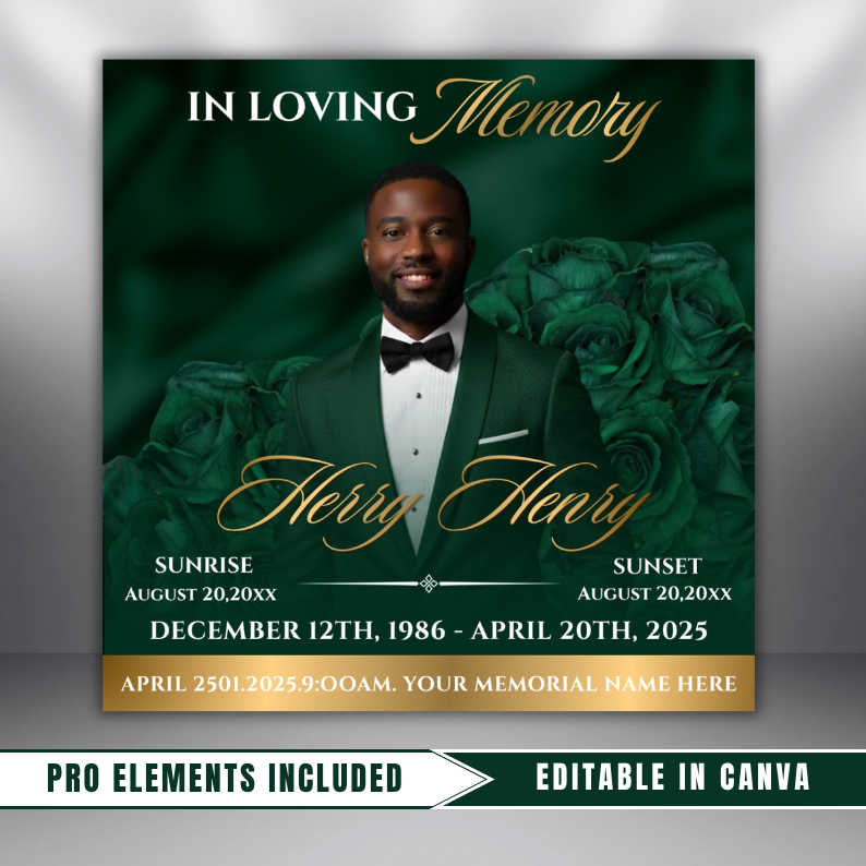 Green & Gold Roses Funeral Announcement Flyer: Obituary, Celebration of Life (Canva Template PDF)
