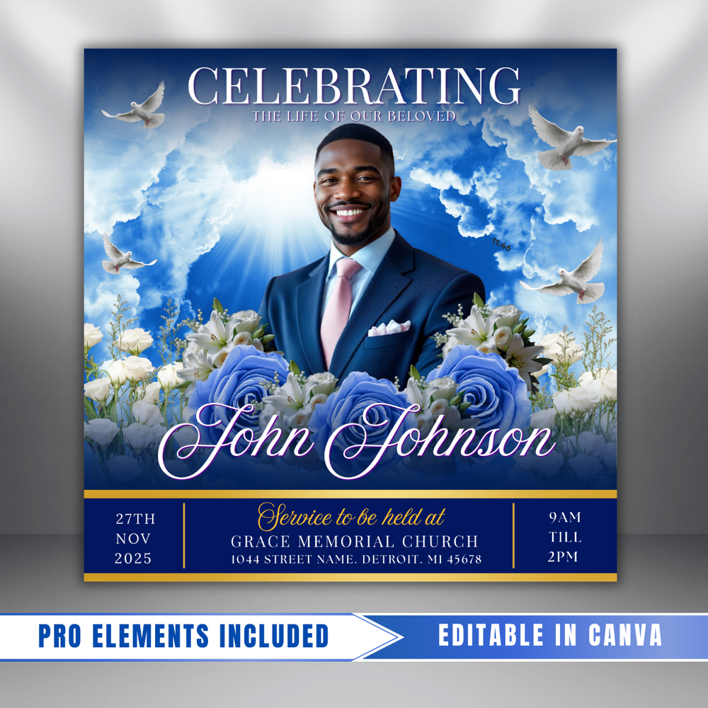 Blue Rose Funeral Announcement Flyer: Celebration of Life (Canva Template, Digital Download)