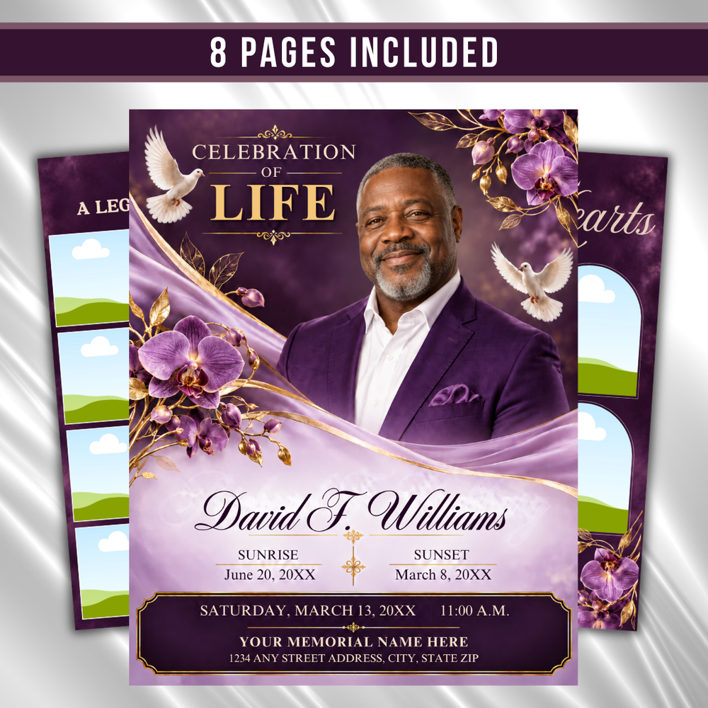 Purple Floral Funeral Program Template, 8-Page Memorial (Canva, PDF)