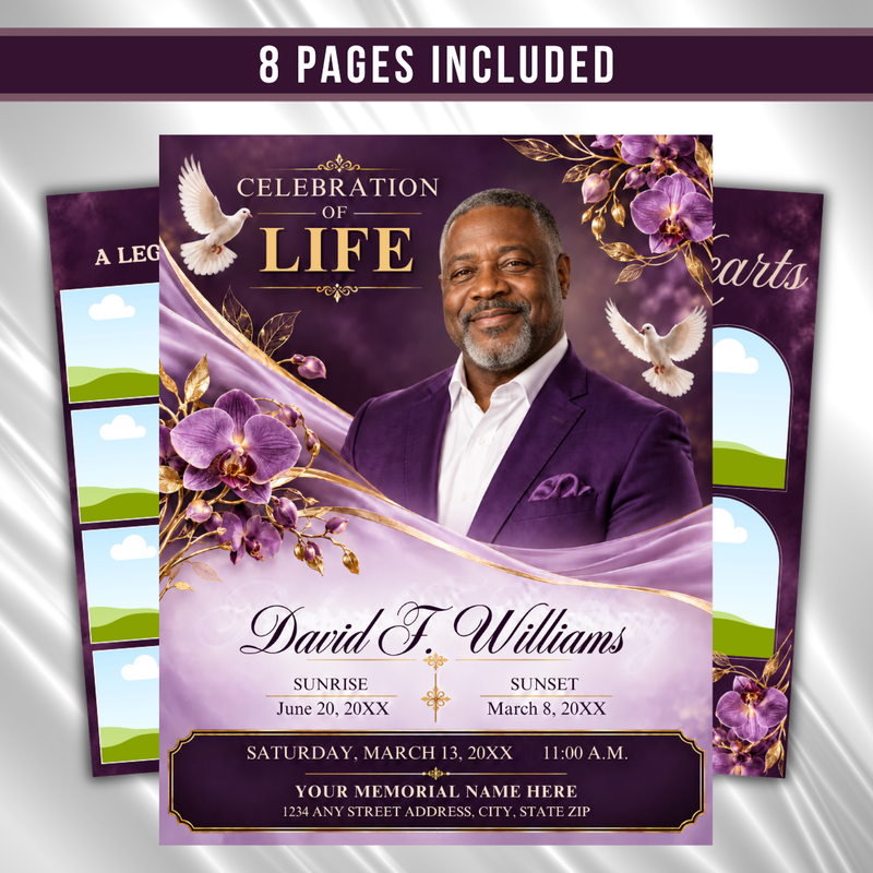 Purple Floral Funeral Program Template, 8-Page Memorial (Canva, PDF)