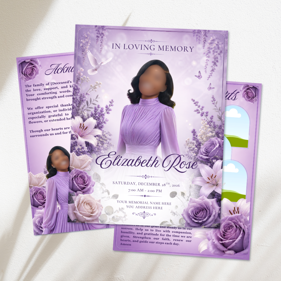 White & Purple Roses Funeral Program Template, Memorial Obituary (Canv ...