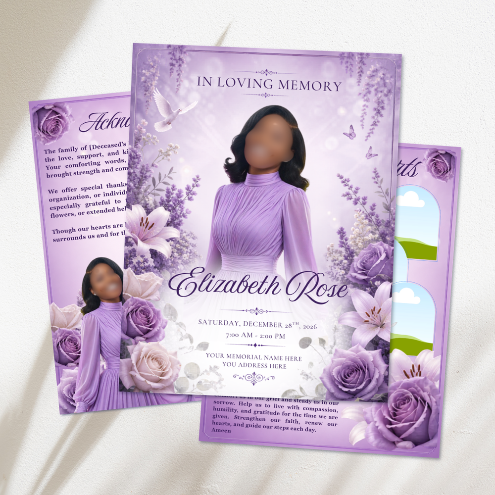 White & Purple Roses Funeral Program Template, Memorial Obituary (Canva Template)