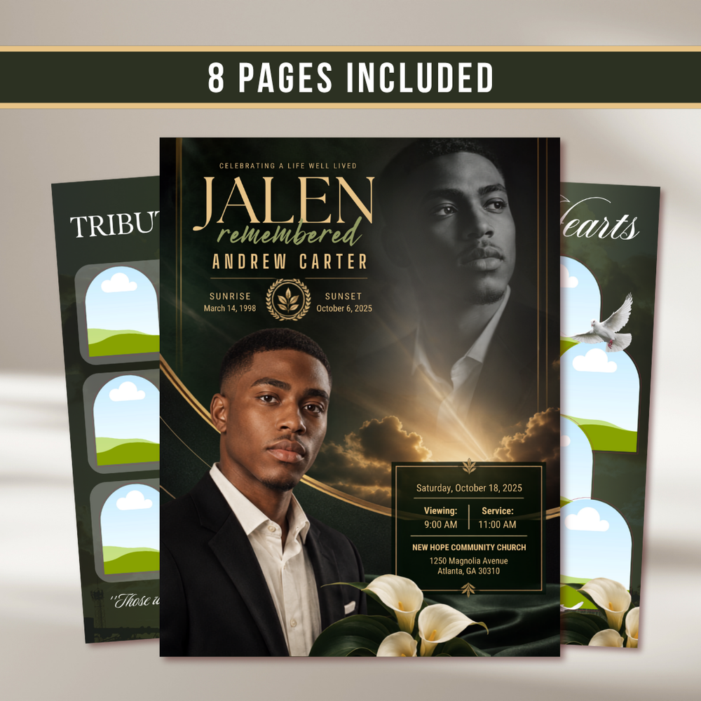 Black & Gold Funeral Program Template: 8-Page Memorial (Canva PDF)