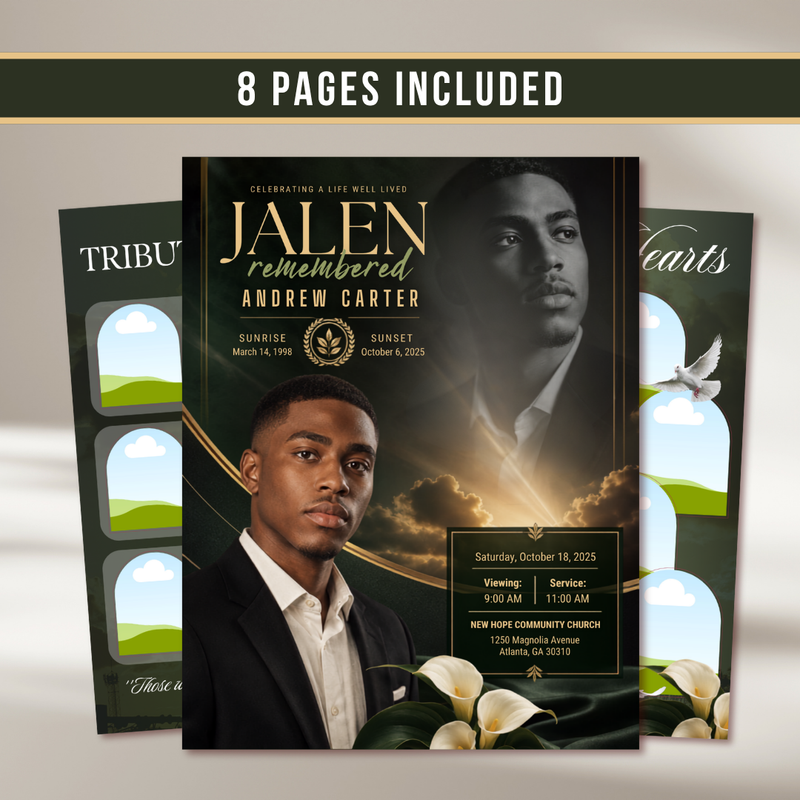 Black & Gold Funeral Program Template: 8-Page Memorial (Canva PDF)