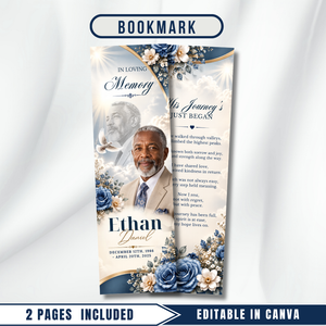Blue & White Roses Memorial Bookmark Template: Funeral Keepsake (Canva PDF)