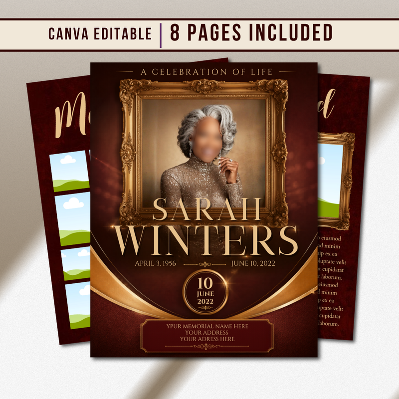 Elegant Funeral Program Canva Template | Brown Gold Theme | 8 Page Memorial Booklet