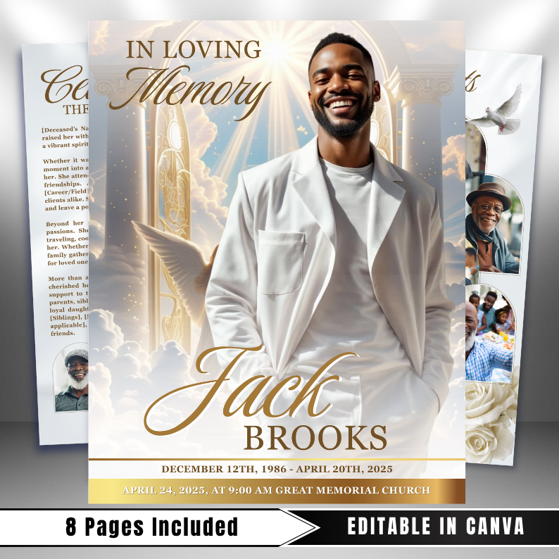 White & Gold Funeral Program Template: 8-Page Memorial (Canva, PDF)