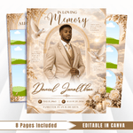 Cream & Beige Roses Arch funeral program – 8-page Canva template, cover preview with an arched photo frame and ivory roses