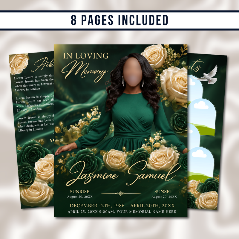 Green & Gold Roses Funeral Program Template: 8-Page Memorial (Canva PDF)