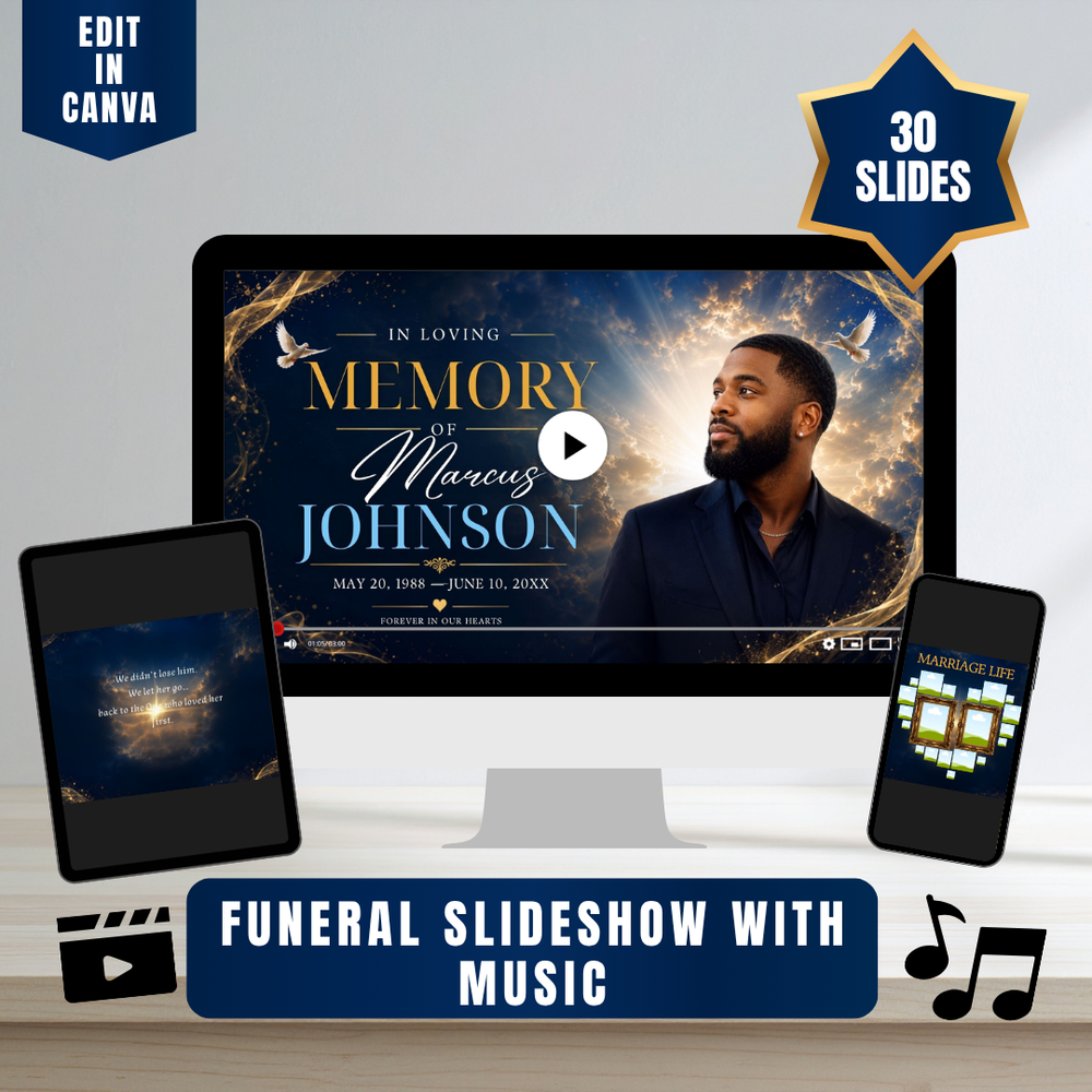 Blue & Gold Memorial Slideshow Video – Celebration of Life Video, In Loving Memory  (Canva, 30 Slides, MP4)