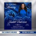 Royal Blue Roses Funeral Announcement Flyer: Obituary, Celebration of Life (Canva Template PDF)