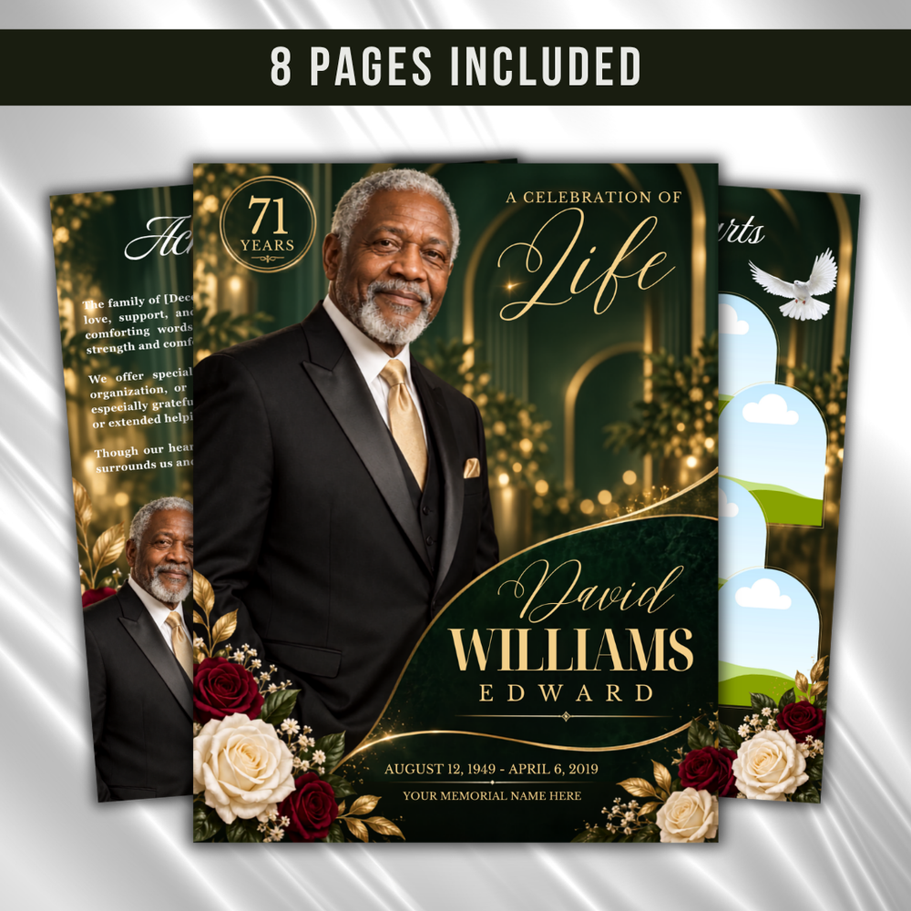 Green & Gold Funeral Program Template: 8-Page Memorial (Canva PDF)