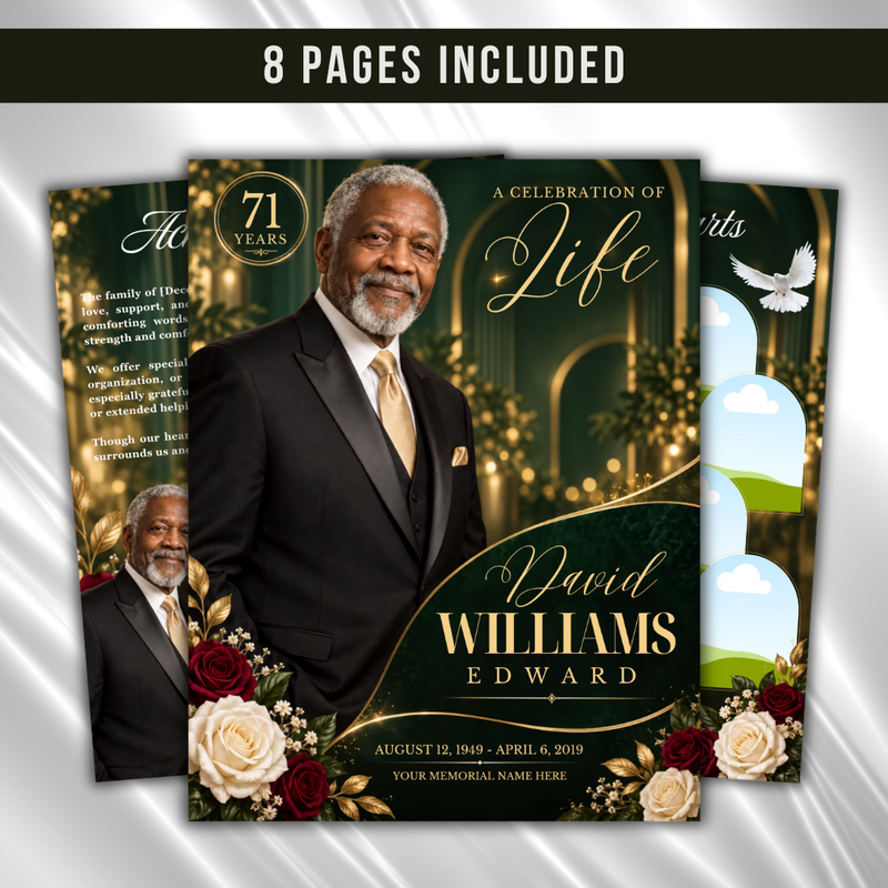 Green & Gold Funeral Program Template: 8-Page Memorial (Canva PDF)