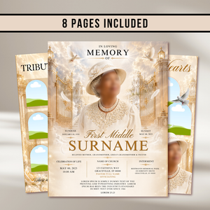 White Gold Funeral Program Template: 8-Page Memorial Program