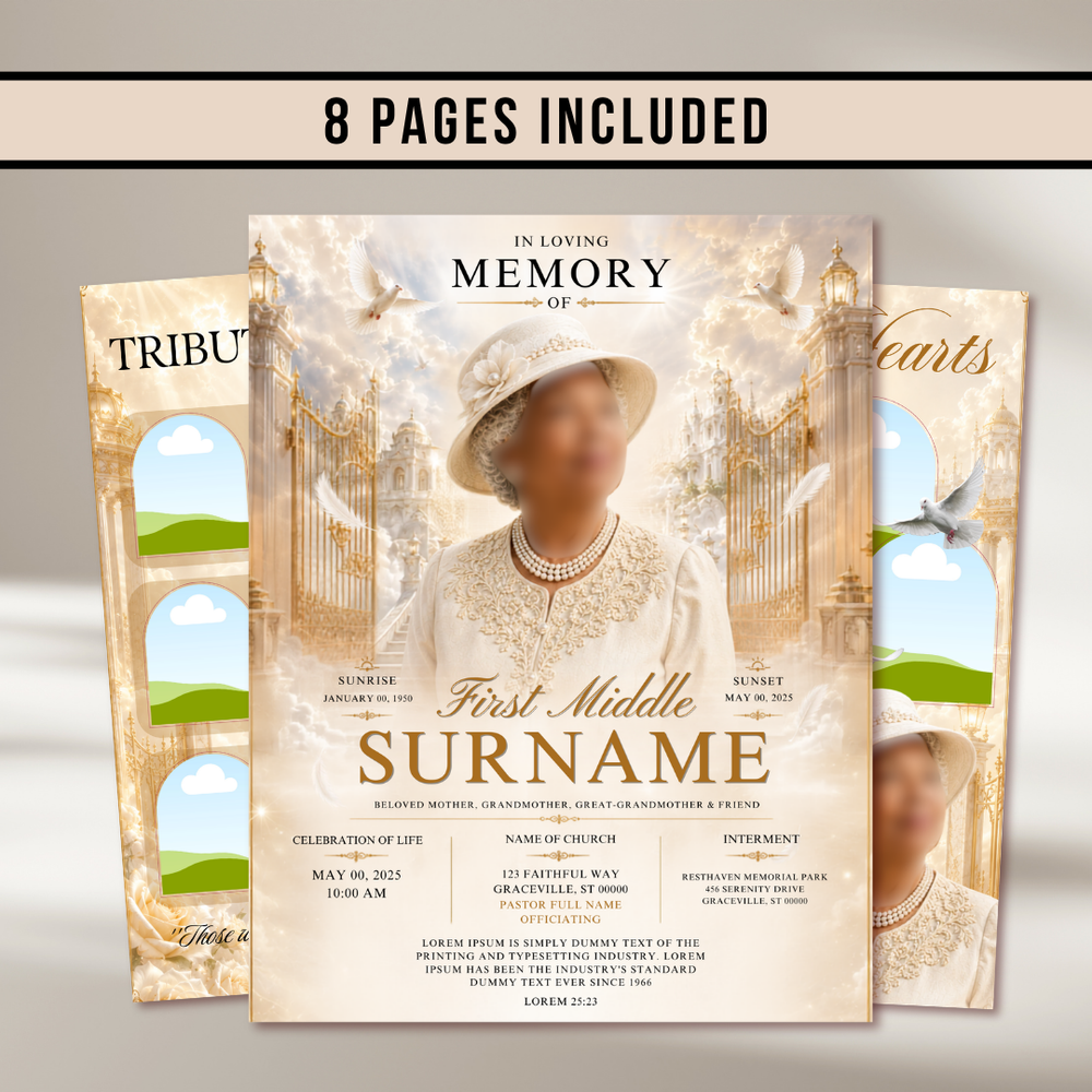 White Gold Funeral Program Template: 8-Page Memorial Program