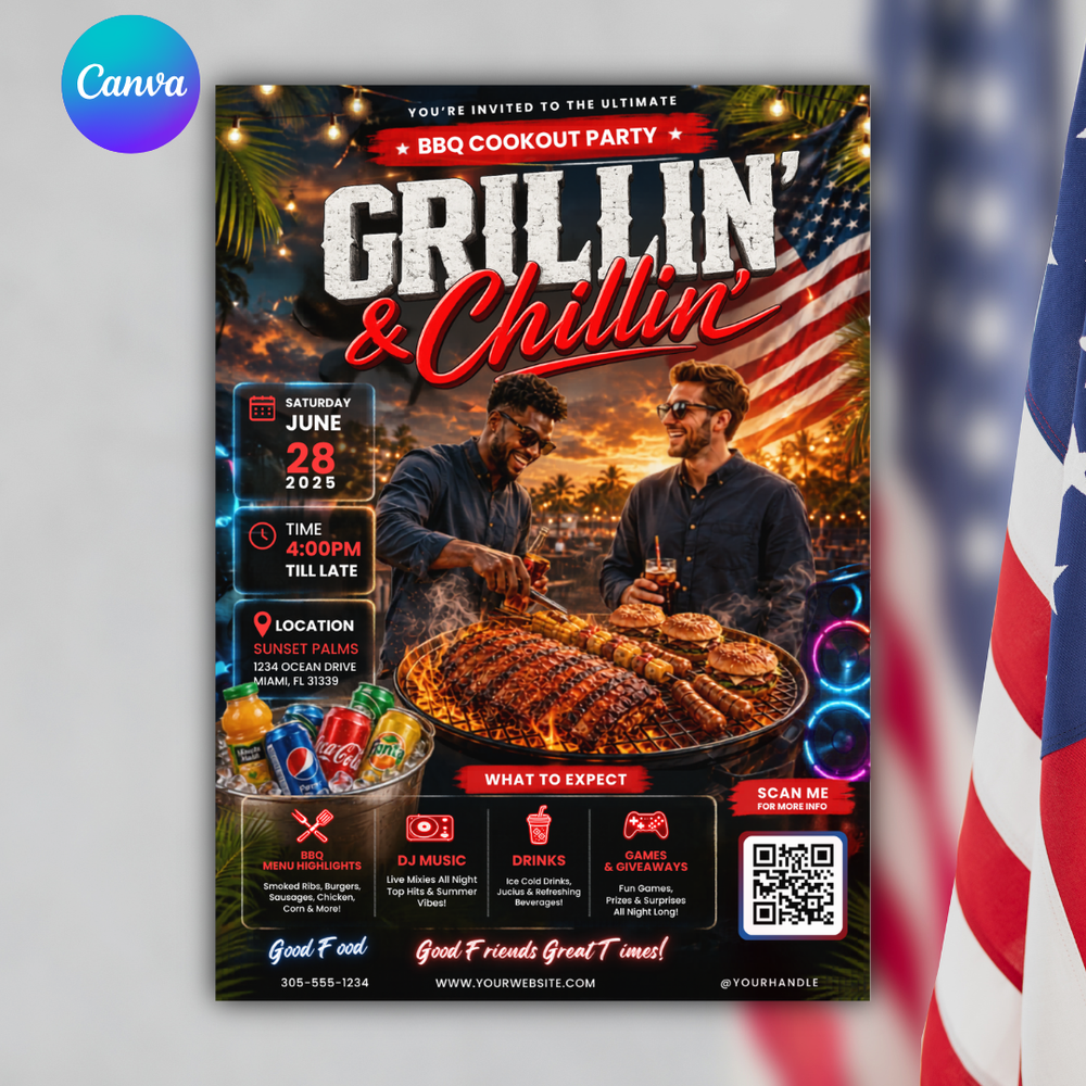 Memorial Day Flyer, Cookout Party, Grill and Chill Invitation, Summer Event Poster, Editable Canva Template, Backyard BBQ Promo