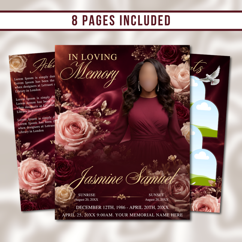 Maroon Roses Funeral Program Template: 8-Page Memorial (Canva PDF)