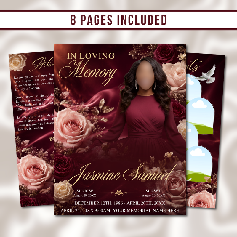 Maroon Roses Funeral Program Template: 8-Page Memorial (Canva PDF)