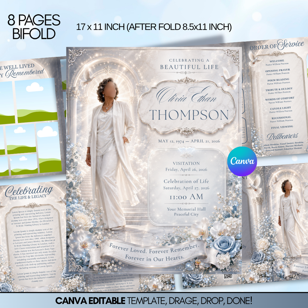 Blue Roses Funeral Program Template, Memorial Obituary (Canva Template)
