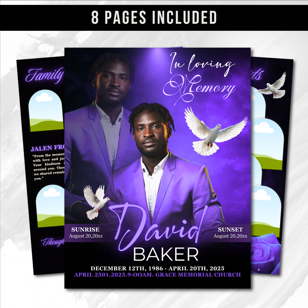 Purple and Black Funeral Program Template: 8-Page Memorial (Canva PDF)