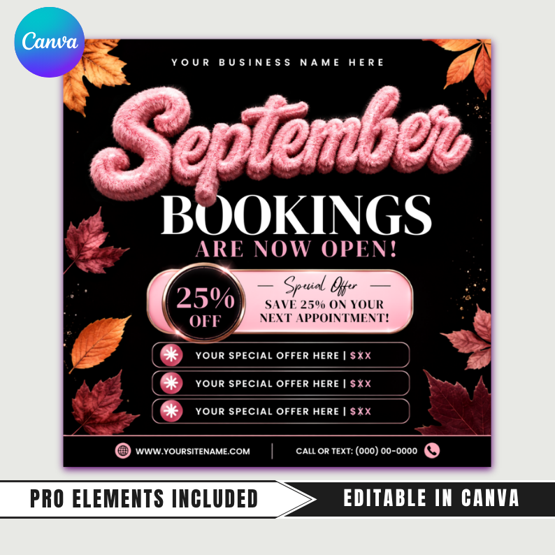 September Booking Flyer, Fall Booking Flyer, September Books Open Flyer, Hair Nails Wig Install Flyer, Salon Flyer, Editable Canva Template