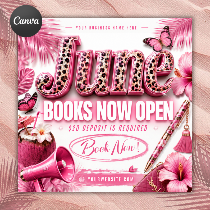 June Booking Flyer, Cheetah Print, Summer Appointments, Hair, Nails, Lash (Canva Template)