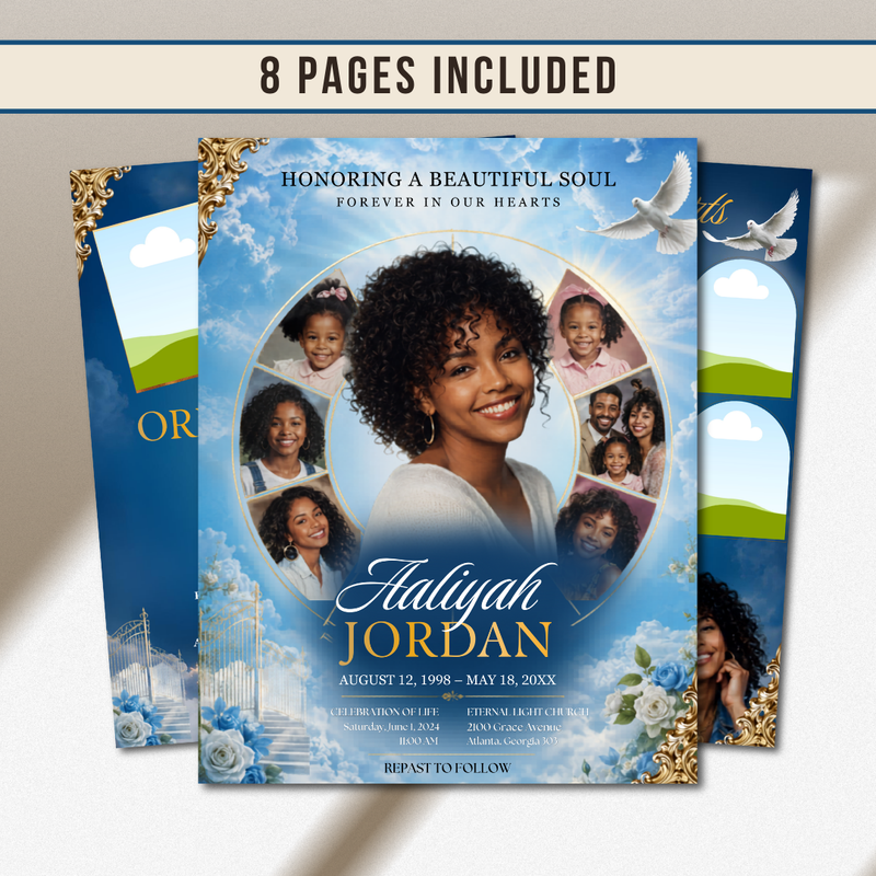 Blue Elegant Funeral Program Canva Template | White Rose Green Gold Theme | 8 Page Memorial Booklet (Copy)