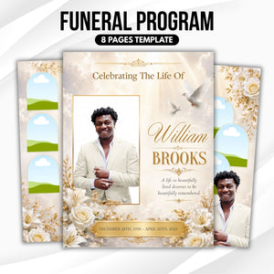 Champagne & White Roses Funeral Program – 8-page Canva template, cover preview