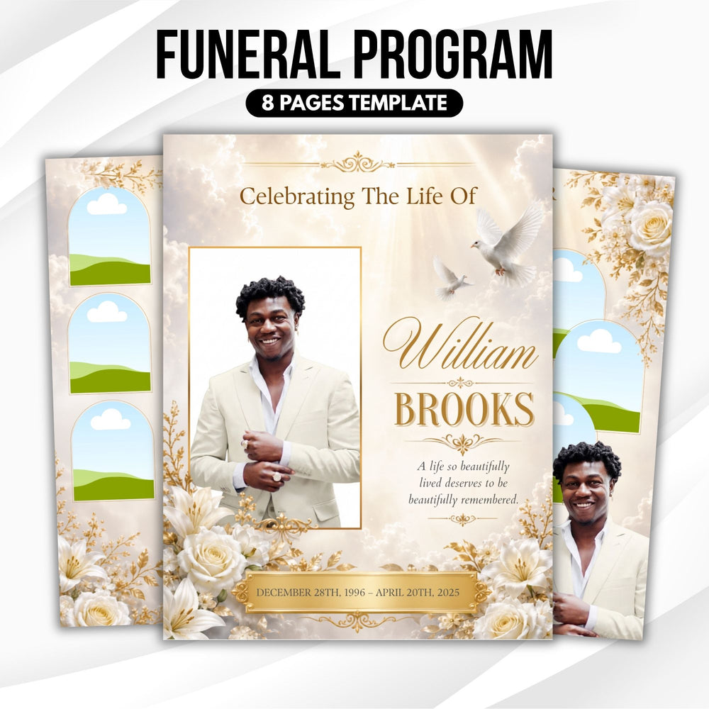 White Roses Funeral Program Template, Memorial Obituary (Canva Template)