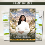 Green & White Roses Funeral Program Template: 8-Page Memorial (Canva PDF)