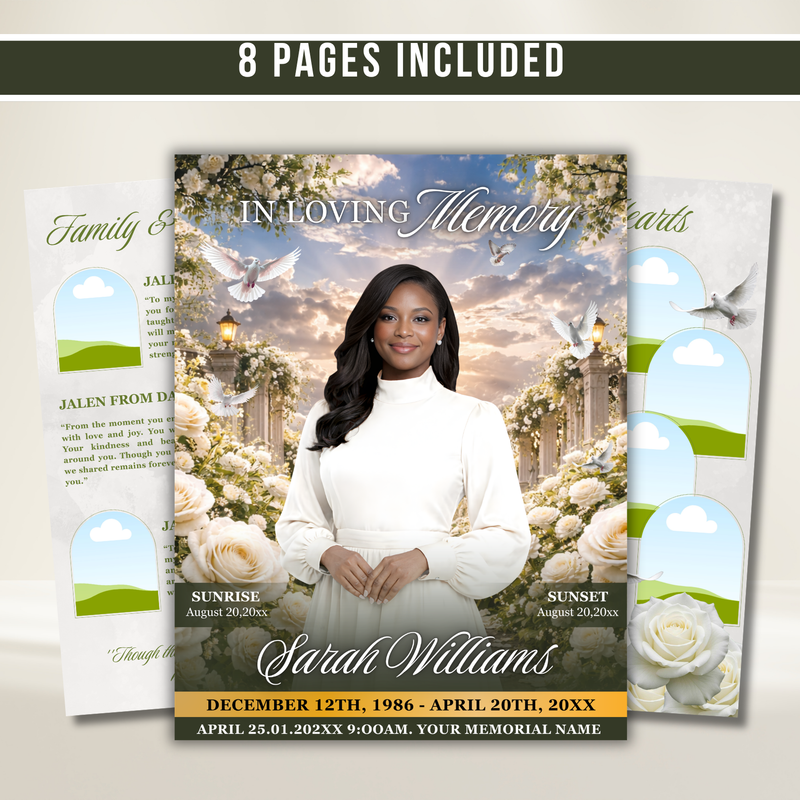 Green & White Roses Funeral Program Template: 8-Page Memorial (Canva PDF)