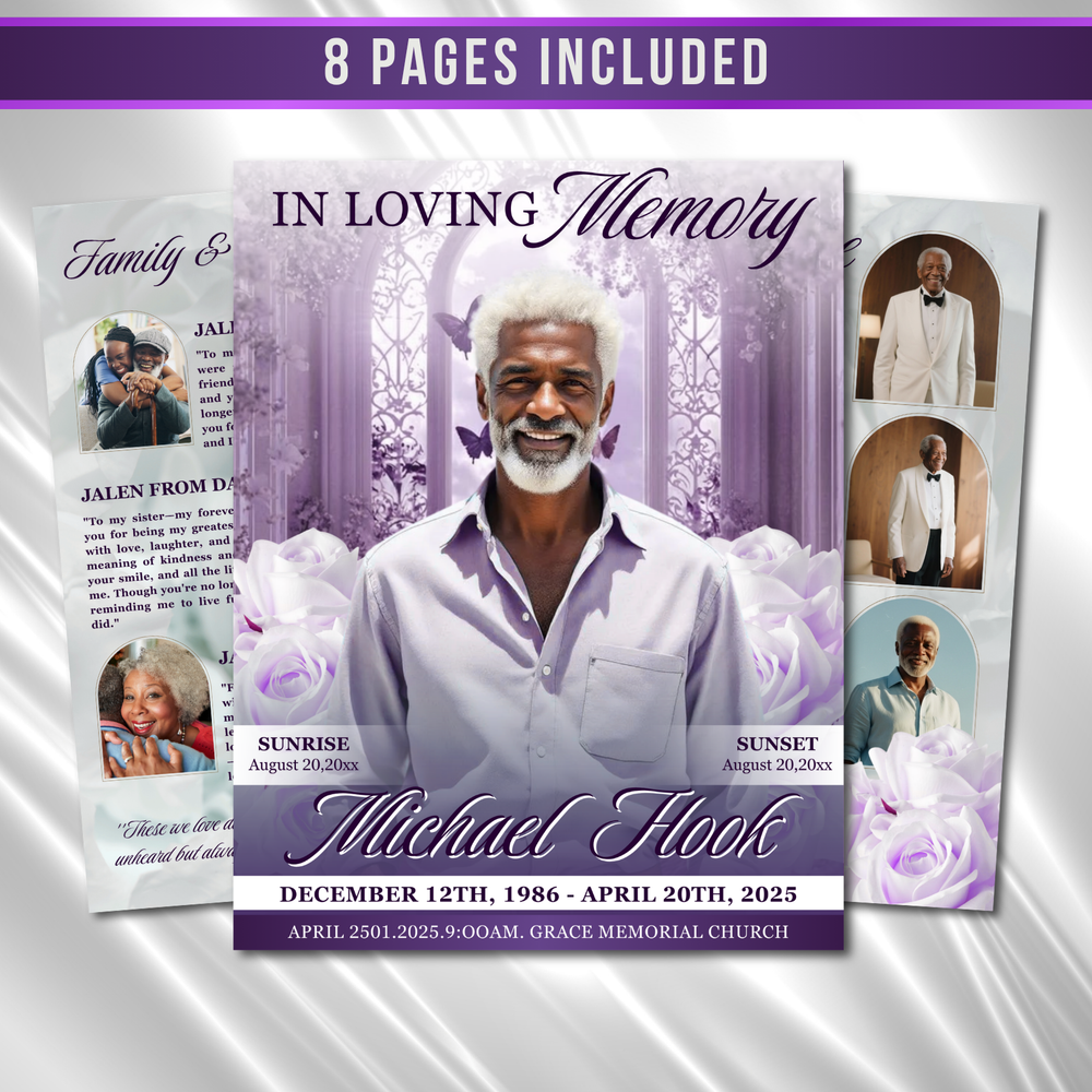 Purple & White Roses Funeral Program Template: 8-Page Memorial (Canva PDF)