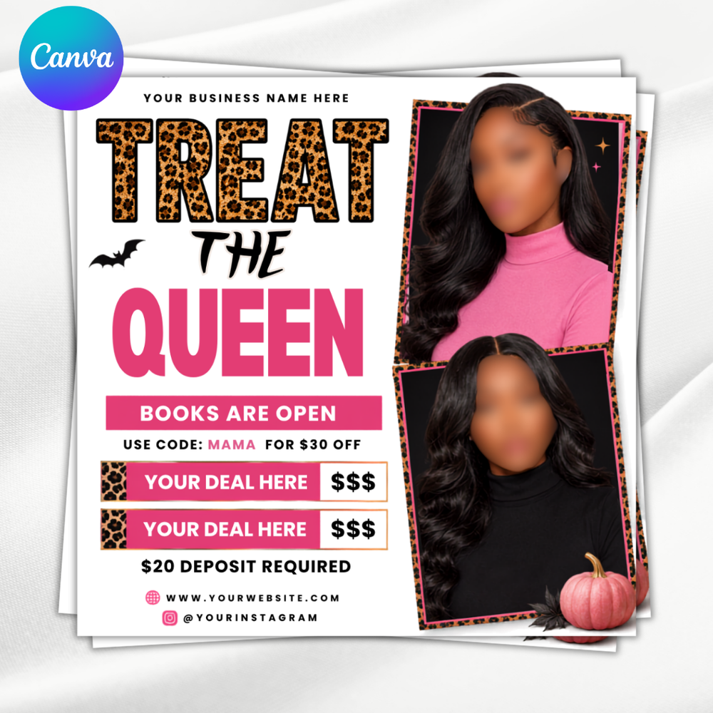 October Booking Flyer: Treat the Queen Halloween Lash Hair Nails MUA Template (DIY Canva, Digital Download)