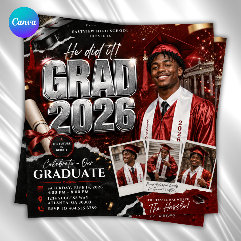 Graduation Flyer 2026 Red Invitation Template, High School College Graduation Party Invite, DIY Text, Instant Download