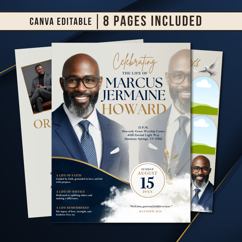 Elegant Funeral Program Canva Template | Blue & Gold Theme | 8 Page Memorial Booklet