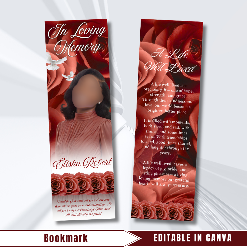 Red & White Roses Memorial Bookmark Template: Funeral Keepsake (Canva PDF)