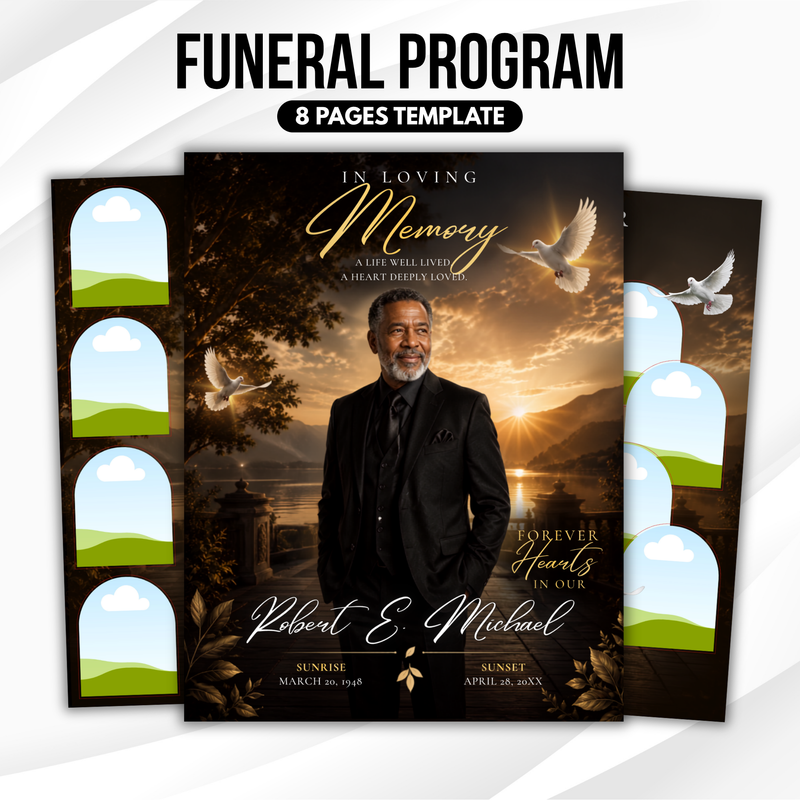Black & Gold Floral Funeral Program Template, 8-Page Memorial (Canva, PDF)