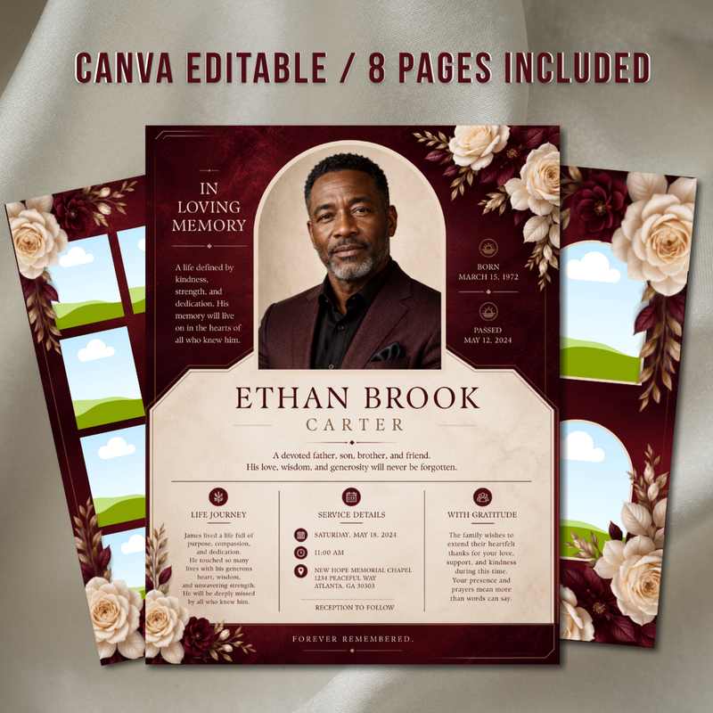 Red Funeral Program Canva Template | 8 Page Memorial Booklet