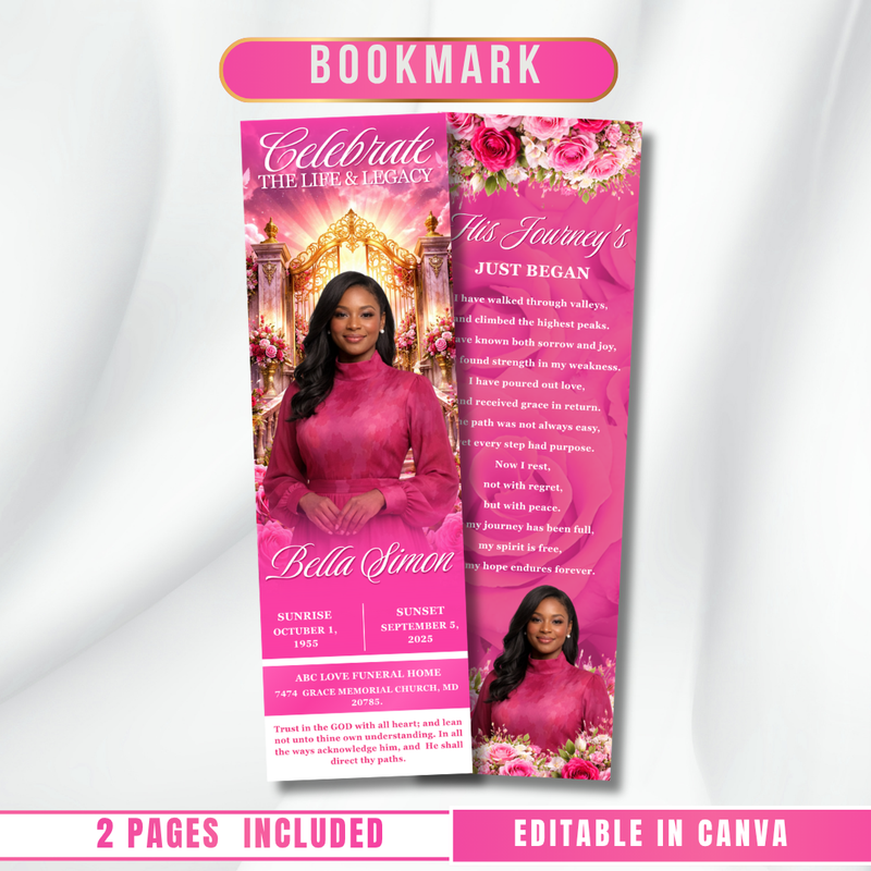 Pink Roses Memorial Bookmark Template: Funeral Keepsake (Canva PDF)
