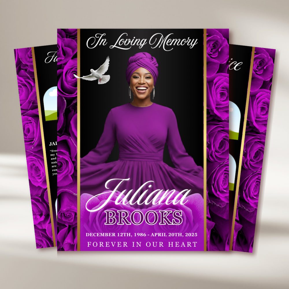 Royal Purple Roses Funeral Program Template: Celebration of Life (Canva, 8 Pages, Digital Download)