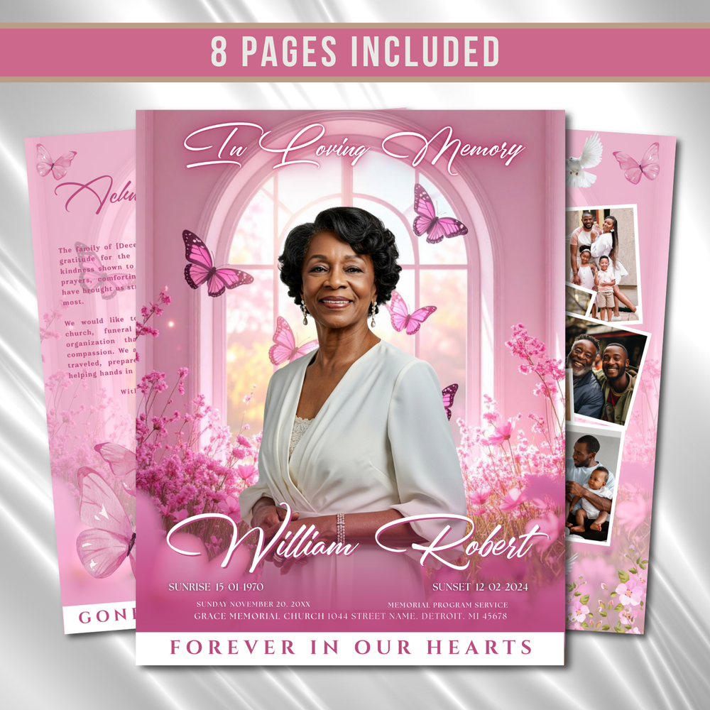 Pink Funeral Program Template: 8-Page Celebration of Life (Canva, PDF Download)