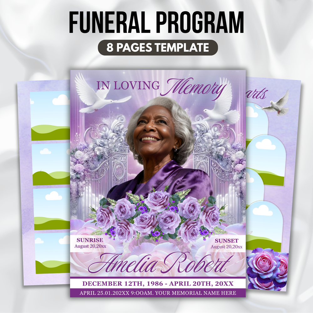 Purple Floral Funeral Program Template, 8-Page Memorial (Canva, PDF)