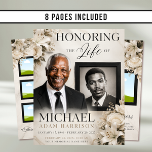 White Brown Funeral Program Template: 8-Page Memorial Program