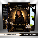 Black & Gold Roses Funeral Program Template: 8-Page Memorial (Canva PDF)