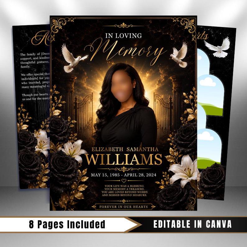 Black & Gold Roses Funeral Program Template: 8-Page Memorial (Canva PDF)