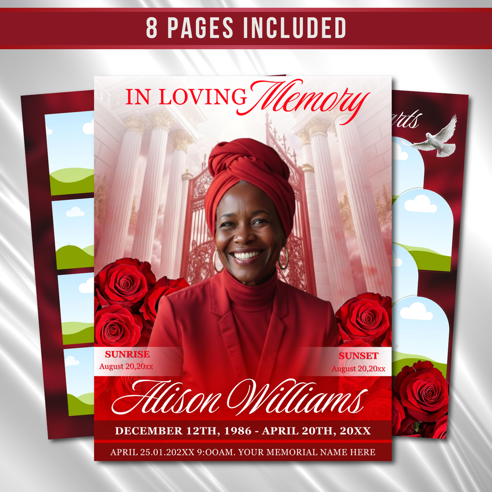Red Floral Funeral Program Template, 8-Page Memorial (Canva, PDF)