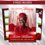 Red Floral Funeral Program Template, 8-Page Memorial (Canva, PDF)