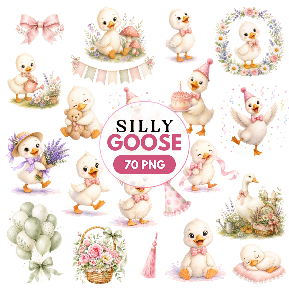 Pink Goose Watercolor Clipart Bundle, Baby Shower Graphics (70 PNG Files)